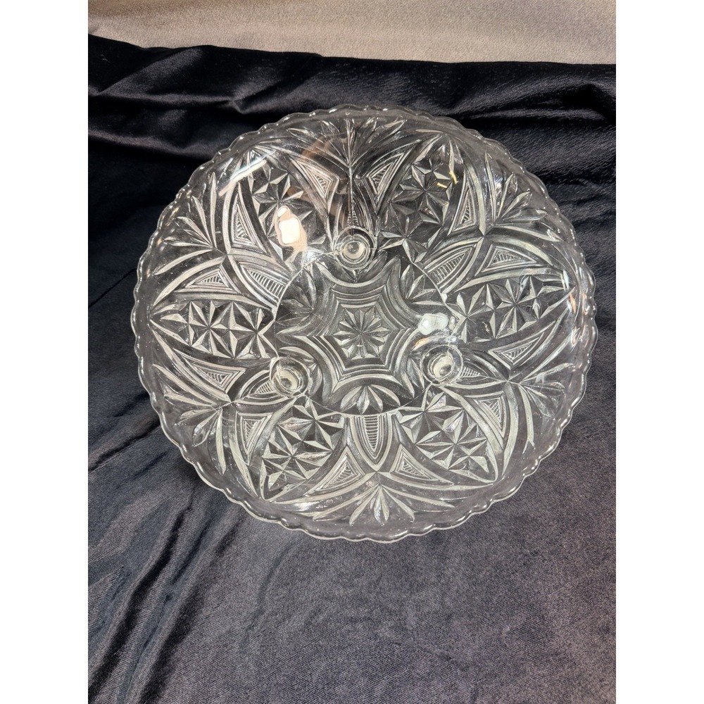 VTG Hobstar /Fans Design Candy Dish 9.25"Clear Cut Glass Footed Bowl/Dish (2606)
